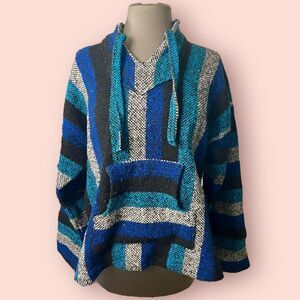 Vintage 90s Baja Hoodie Mexican Blanket Sweatshirt Unisex Medium Blue/Black